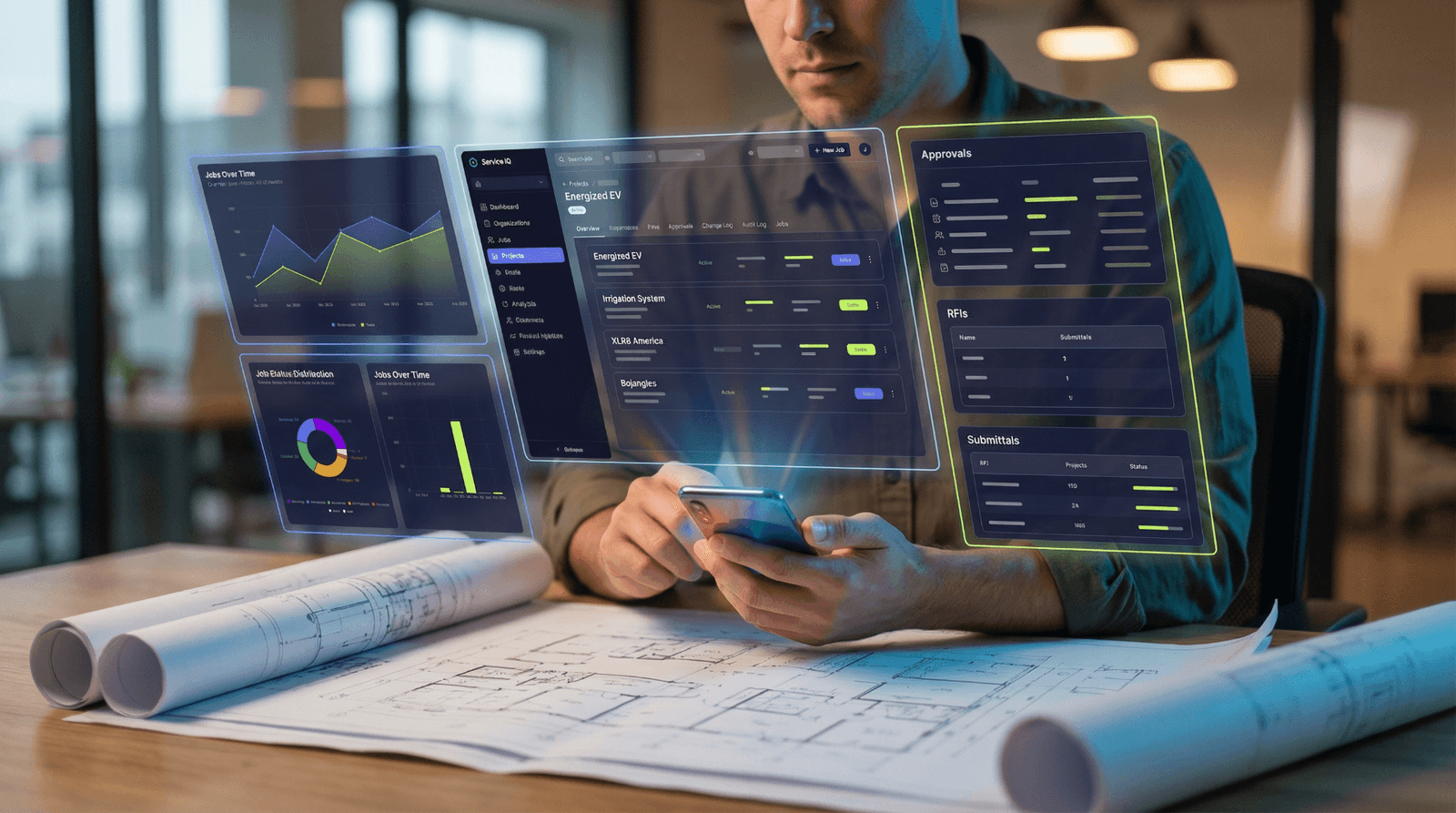 ServiceIQ projects dashboard showing real-time job status, approvals, RFIs and submittals: the operating system of record that produces audit evidence as a byproduct of work