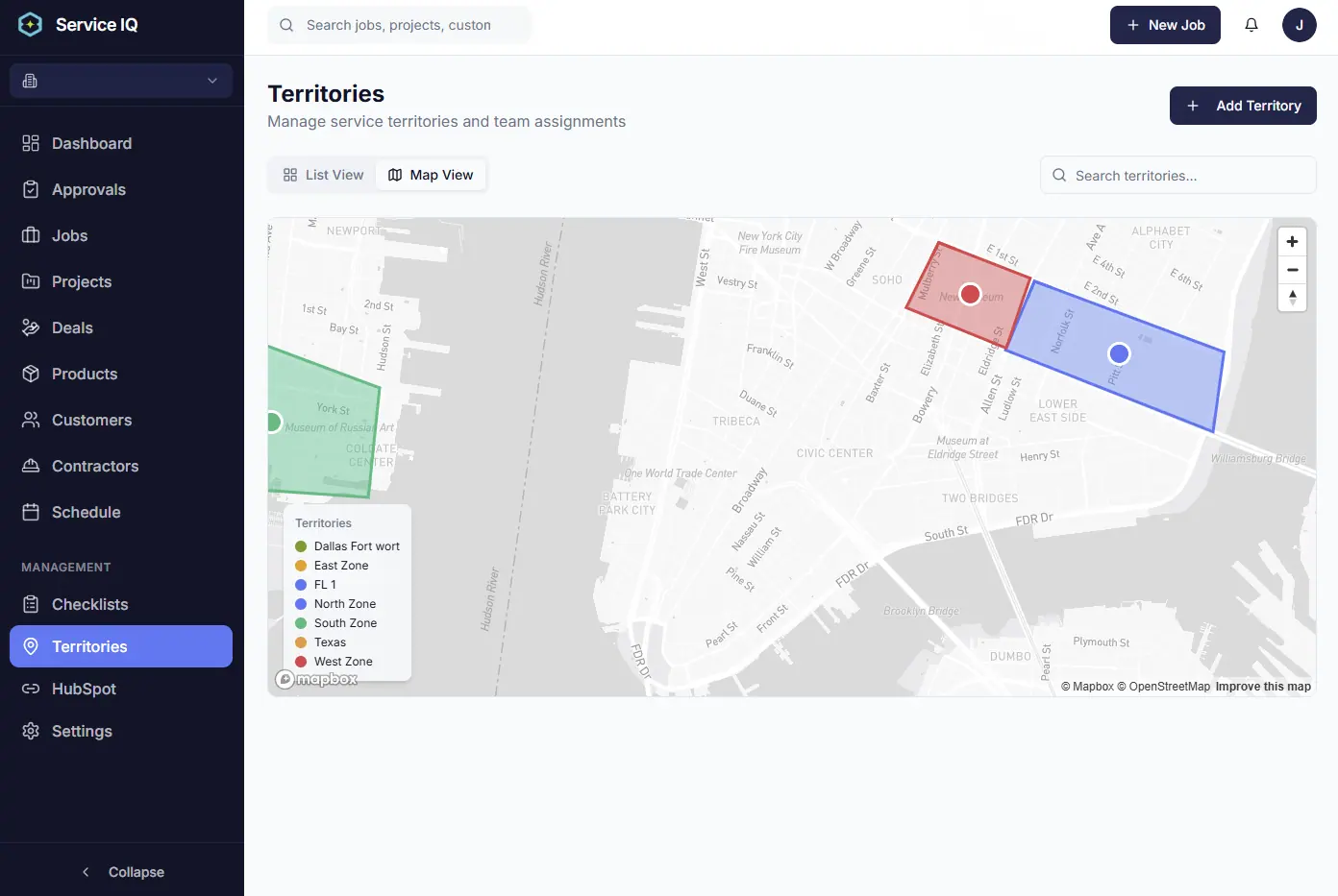 ServiceIQ territories map view with drawn service zones