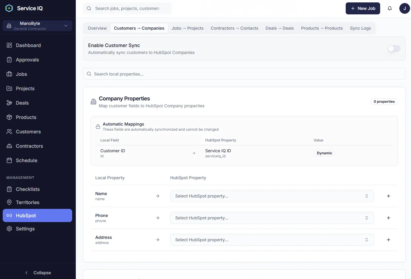 ServiceIQ HubSpot company property mapping