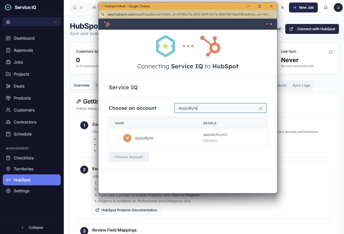 ServiceIQ HubSpot OAuth connection flow