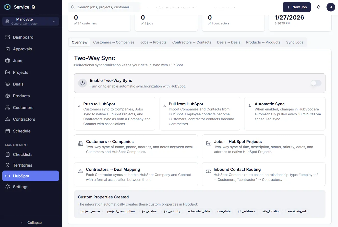 ServiceIQ HubSpot custom property auto-provisioning