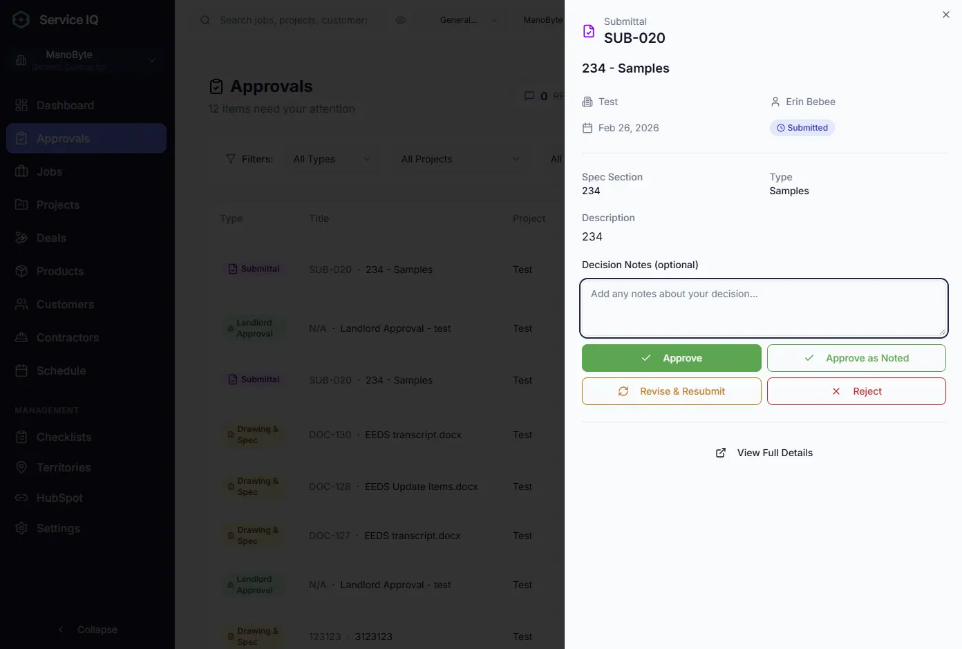 ServiceIQ approval submittal review panel
