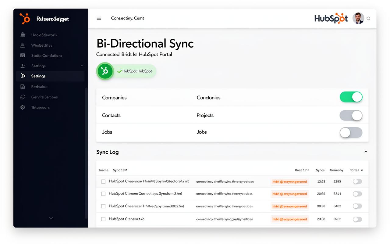 ServiceIQ HubSpot integration settings showing bi-directional sync configuration for Companies, Contacts, Projects, and Jobs with a real-time sync log
